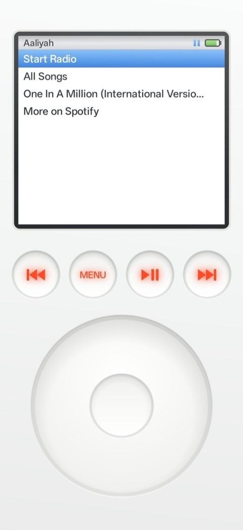 A Spotify artist on the 6th Gen screen, with Start Radio at the top