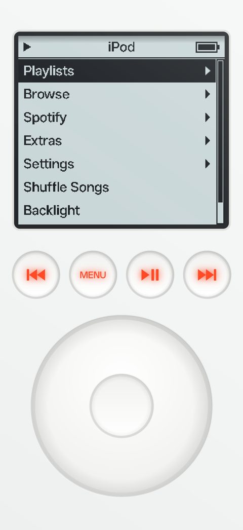 The 3rd Gen main menu: Playlists, Browse, Spotify, Extras, Settings, Shuffle Songs, Backlight