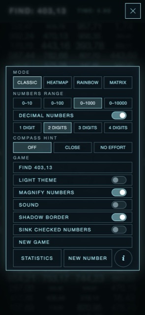 The menu: mode, numbers range, decimals, compass hint and the switches