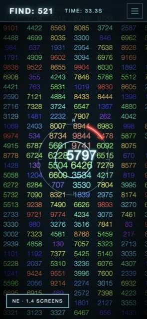 Rainbow mode with the compass hint: a red arc points toward the target, with a label that reads NE, 1.4 screens